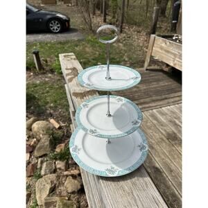 Handcrafted Porcelain Fine China 3 Tiered Tea Tray - Blue and White Floral